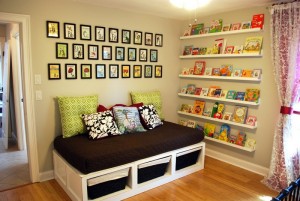 room with pictures and shelving